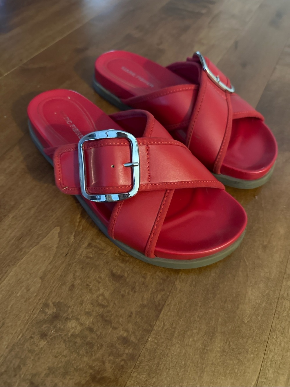 Marc Fisher Red Slide Sandals Silver Buckle Women’s Size 8.5